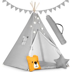 Namiot tipi dla dzieci z girlandą i światełkami - szare