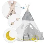Namiot tipi dla dzieci z girlandą i światełkami - jasno szare w gwiazdki