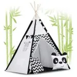 Namiot tipi dla dzieci z girlandą i światełkami - biało czarny z pandą 