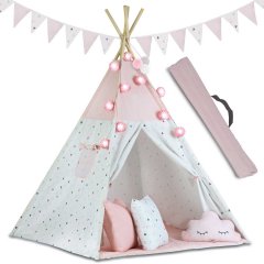 Namiot tipi dla dzieci z girlandą i światełkami - różowe