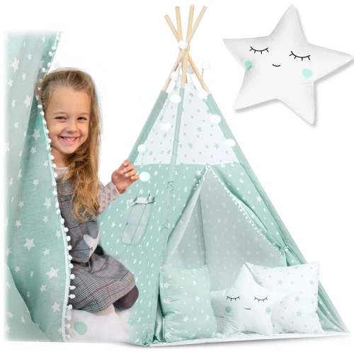 Namiot tipi dla dzieci ze światełkami - miętowe w gwiazdki 