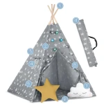 Namiot tipi dla dzieci ze światełkami Nukido - szary w gwiazdki 
