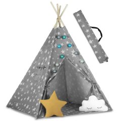 Namiot tipi dla dzieci ze światełkami - szare w gwiazdki 